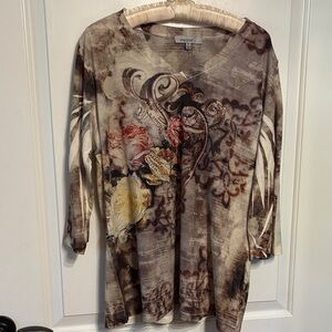 Artistic Floral Print Tunic Top - Brown